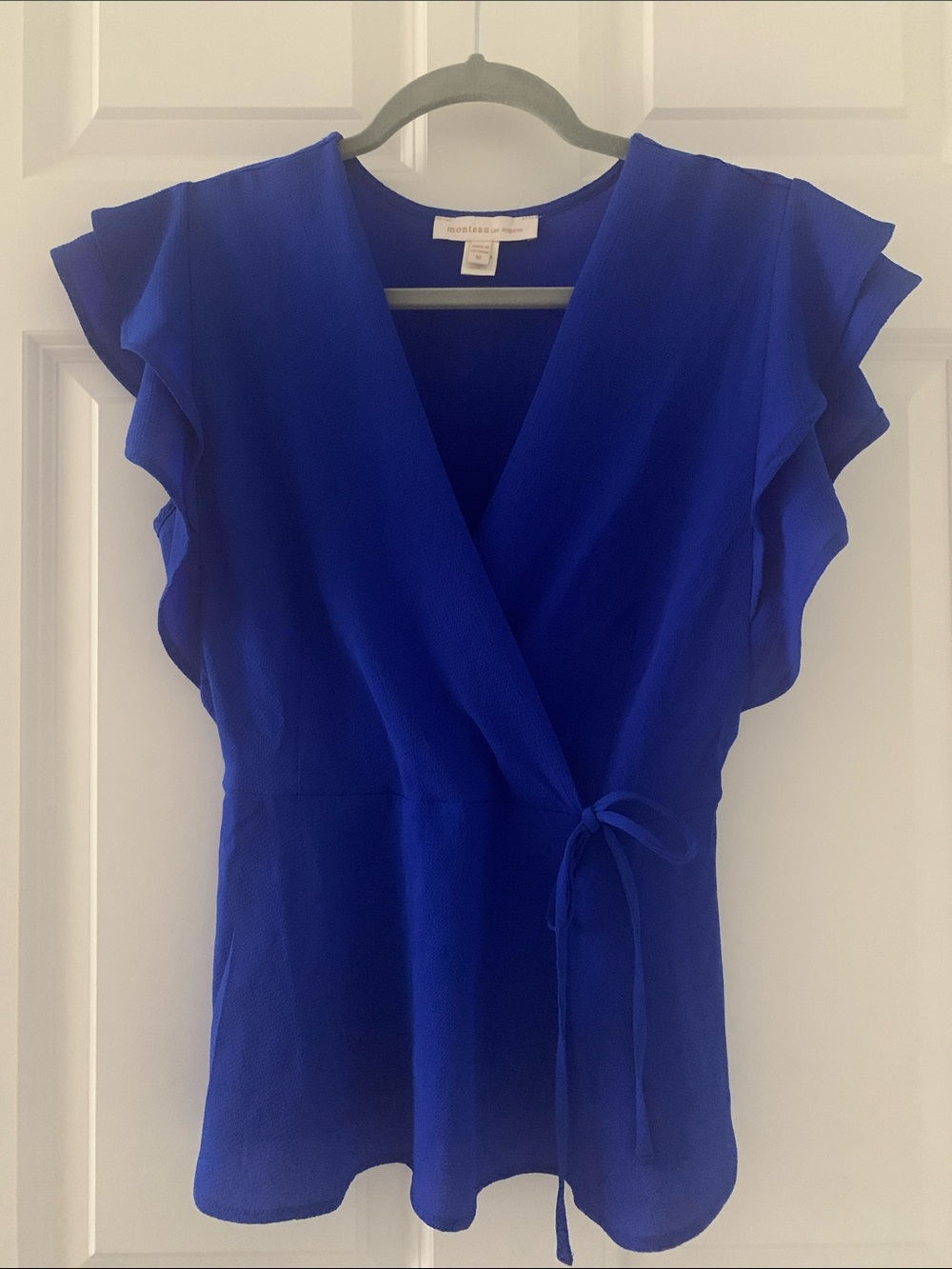 Monteau Royal Blue Ruffle Sleeve Wrap Blouse